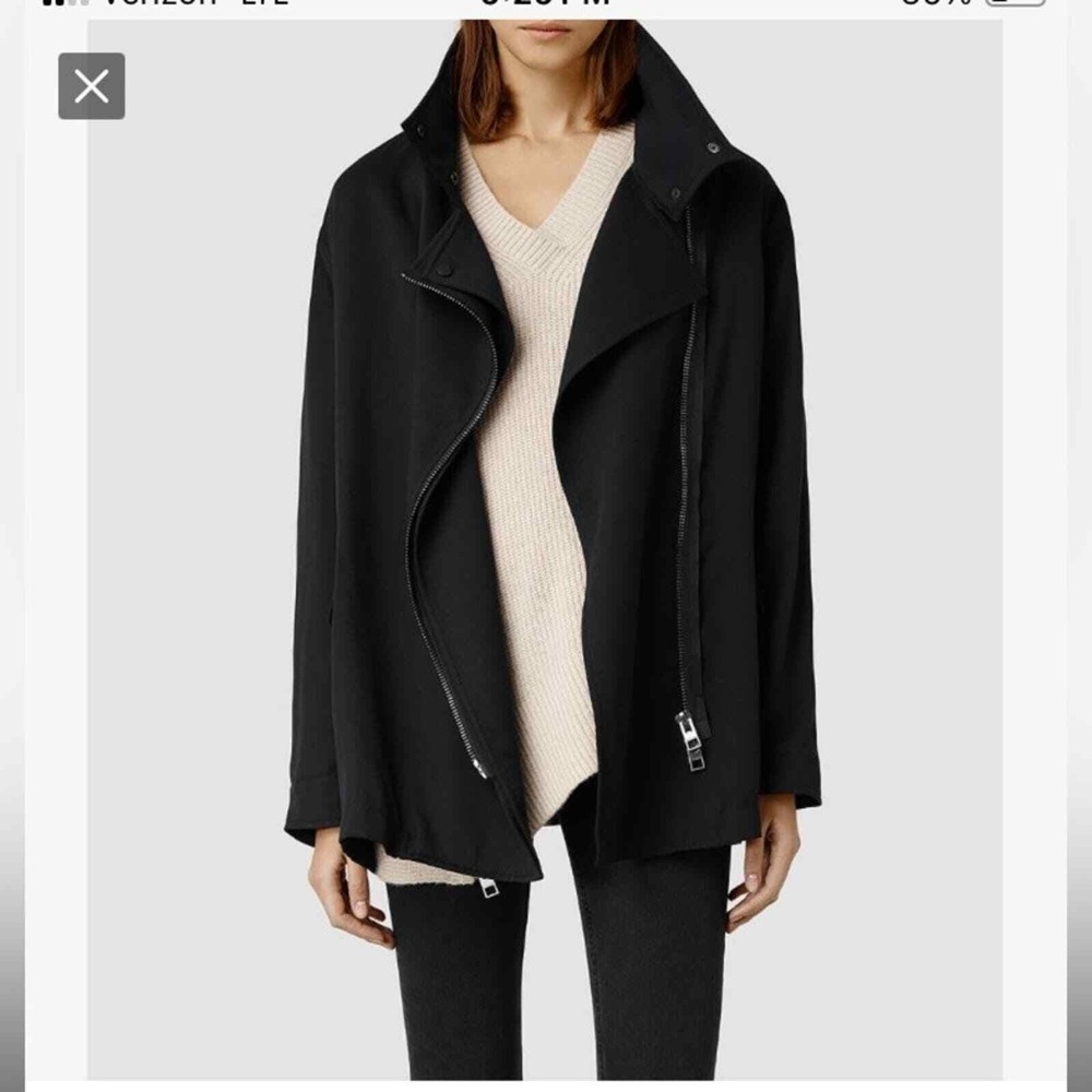 AllSaints Trench Jacket women's US 10 UK 14 black‎ long moto minimalist goth